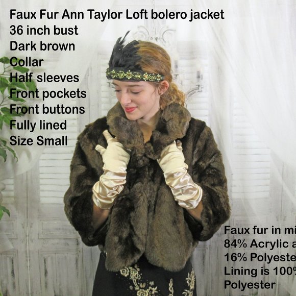 Sz S Faux Fur bolero jacket, Ann Taylor Loft, Dark brown, Collar, Half sleeves - Picture 2 of 11